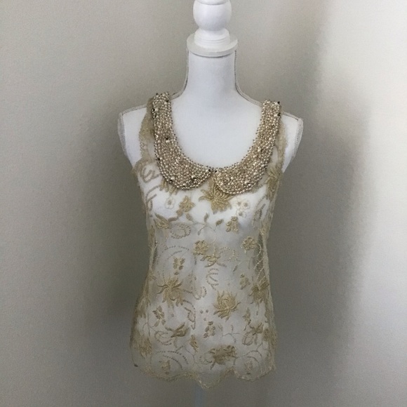 Anthropologie Moulinette Soeurs Sheer Gold Lace Top - Picture 2 of 12